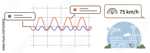 Graph with overlapping curves analyzing data, speech bubble indicating speed, airport terminal, airplane flying. Ideal for transportation, aviation, analytics, travel, technology forecasting