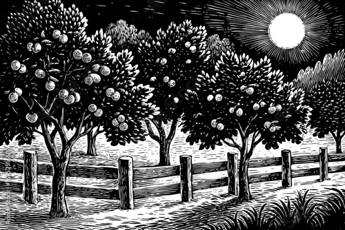 Fruit garden at night with apple trees, glowing moonlight, rustic fence and calm scenery black and white sketch