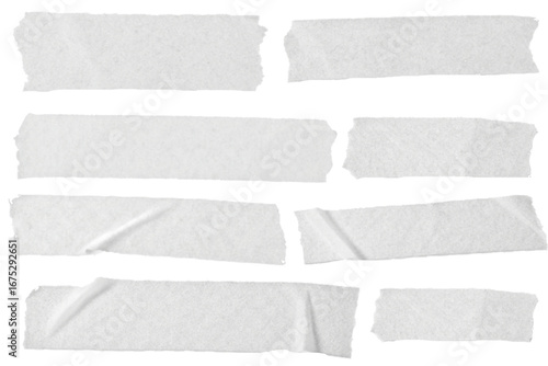 White Adhesive Masking Tape Set Isolated on Transparent Background – Torn Sticky Tape Strips, Wrinkled Ripped Scotch Tape Pieces, Realistic Design Elements PNG Cutout