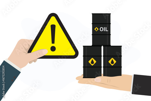 Seller hand holding oil barrels. Politician or diplomat hand shows triangle warning sign. Ban on import oil, gas. Trade, economic wars. Restrictions on trade of petroleum products.
