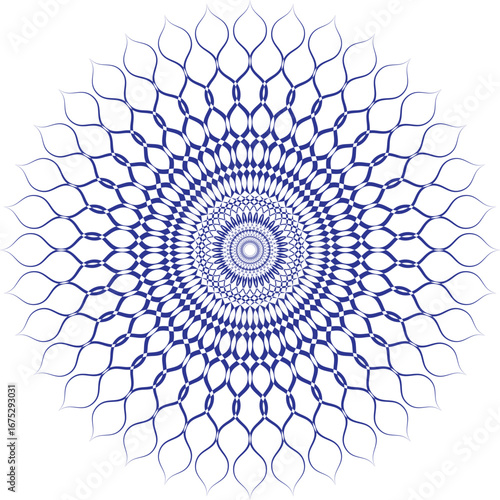 Intricate blue and gold geometric mandala design with radial symmetry and repeating patterns on a white background