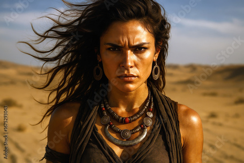 Desert Warrior: A resilient female warrior, eyes narrowed with steely resolve, stands defiant amidst the vast, sun-baked expanse of the desert, embodying strength and unwavering determination.