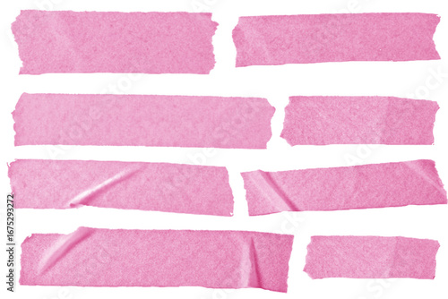 Pink adhesive masking tape set isolated on transparent background. Ripped sticky tape pieces, torn scotch tape strips, wrinkled paper tape mockup template, cutout design elements PNG