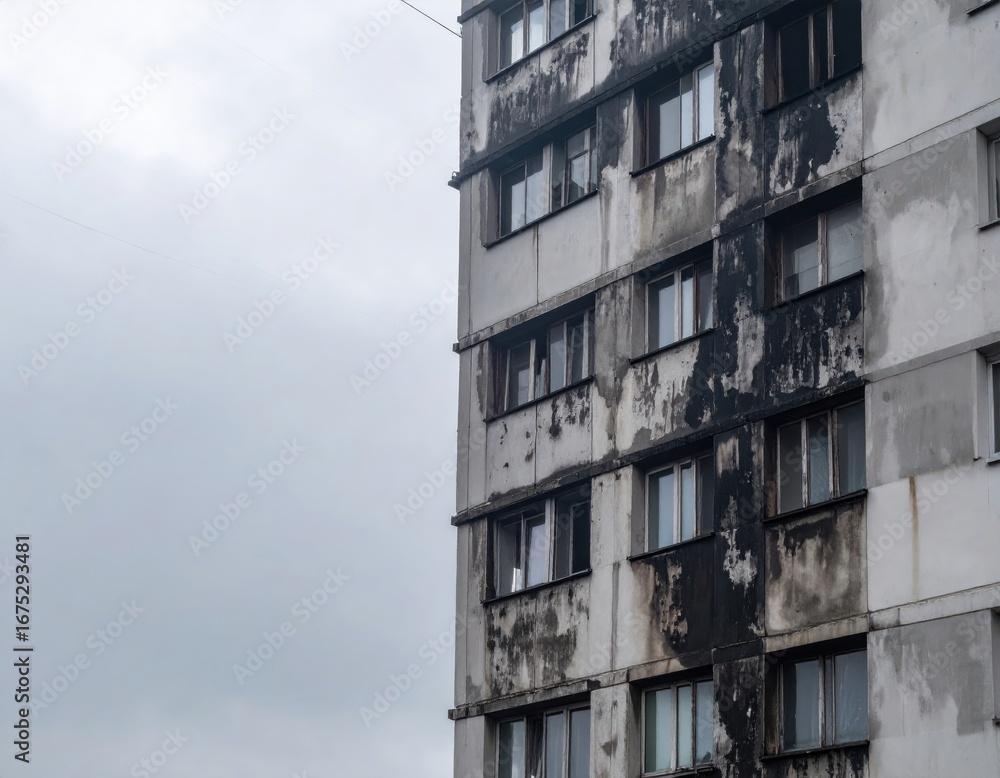 Obraz premium Damaged Apartment Building Exterior: Urban Decay and Fire Damage