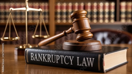 Bankruptcy law book with gavel and scales of justice for legal professionals and financial advisors