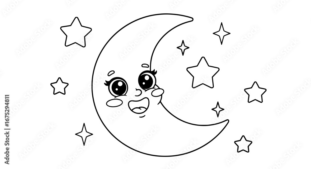 Fototapeta premium Cute moon with smiling face and stars on transparent background