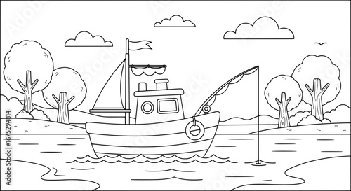 Sailing boat on river with transparent background
