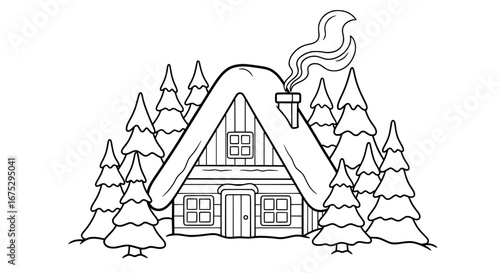 Cabin with pine trees on transparent background
