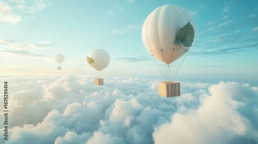 Naklejka premium A Box flying on a parachute in autumn day,package flying down from sky and cloud with parachute,october concept for delivery service,shopping online,air delivery service.