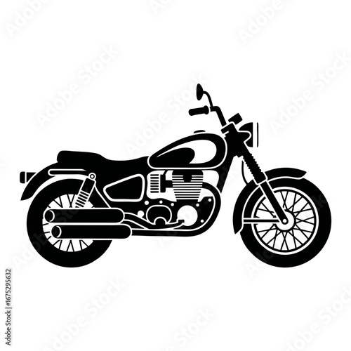 Classic Black and White Motorcycle Silhouette, Detailed Engine and Dual Exhaust Pipes