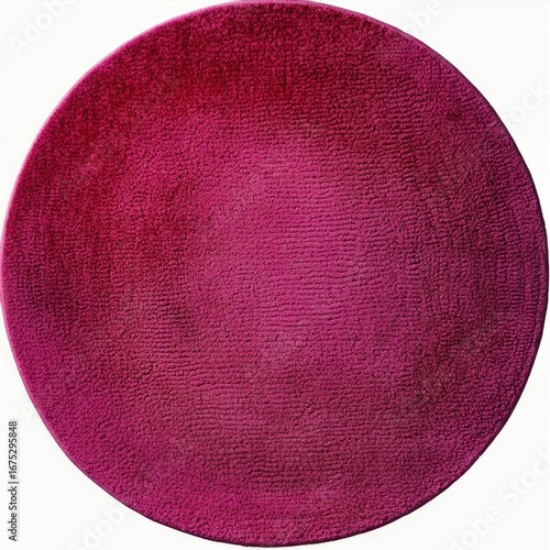 Round textured rug in shades of deep red and magenta with subtle pattern variations