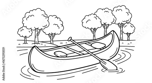 Rowboat on calm water with trees in background