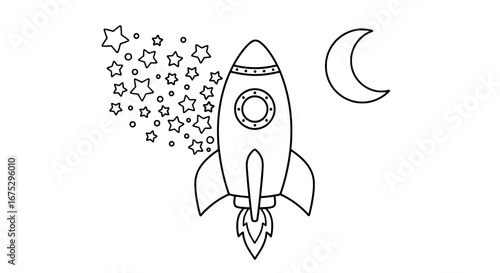 Rocket with stars and crescent moon with transparent background