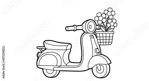 Outline of vintage scooter with basket of flowers on transparent background