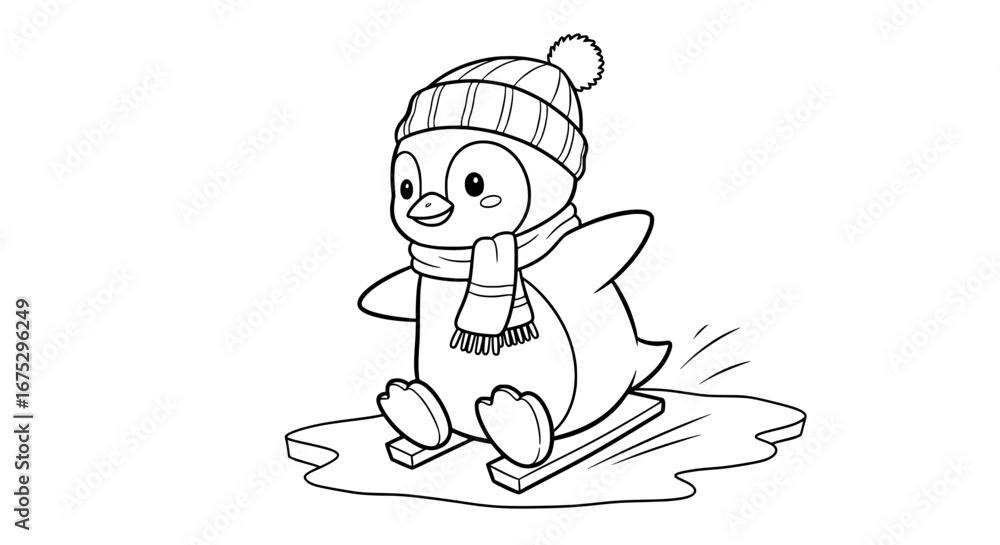 Fototapeta premium Cute duck with scarf and hat on sled with transparent background