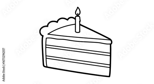 Slice of cake with candle on top with transparent background