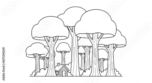 Silhouette of a forest with tall trees and small cabin with transparent background