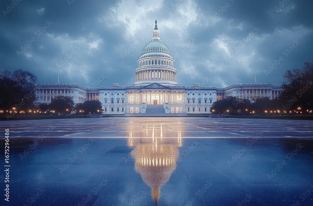 Fototapeta premium Illuminated neoclassical government building with large dome reflected in wet pavement under dramatic cloudy evening sky