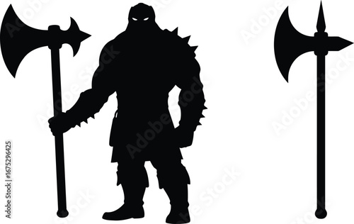 Silhouette warrior with battle axe and separate axe symbol fantasy graphic vector