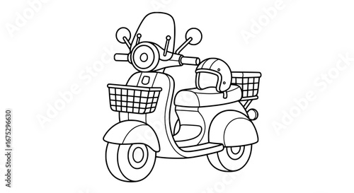 Motor scooter with basket and helmet on seat