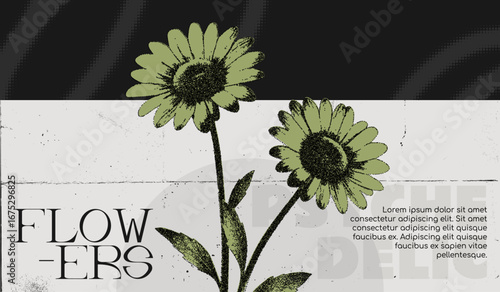 Grunge tech poster with vintage retro vibes. Design for album, brochure, social media and cover. Typographic art with daisy flowers. Noise texture and distress effect. Halftone vector dotwork