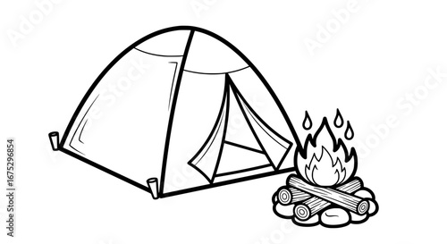 Camping tent with fire and logs with transparent background