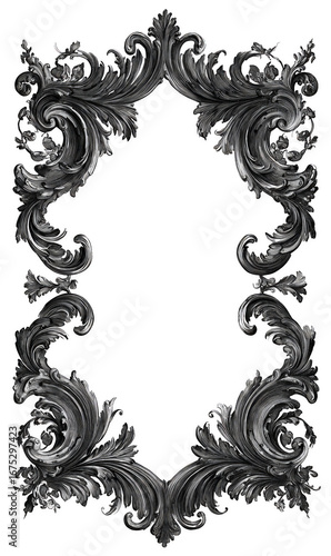 A black and white drawing of a frame with a floral design