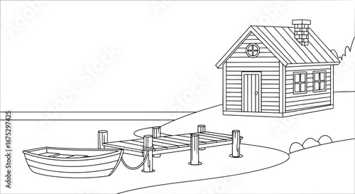 Small wooden house by the water with transparent background