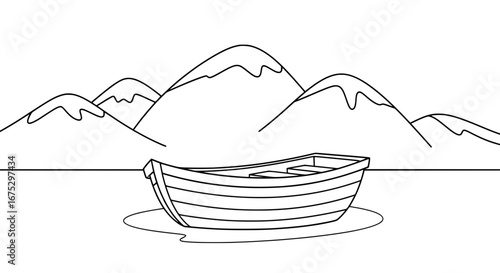 Boat on lake with mountains and water with transparent background