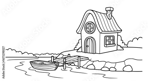 House with boat and dock on waterfront with transparent background