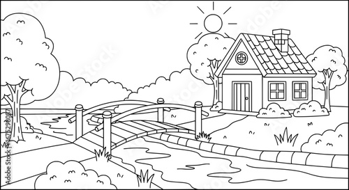 Landscape with house, bridge, and trees with transparent background