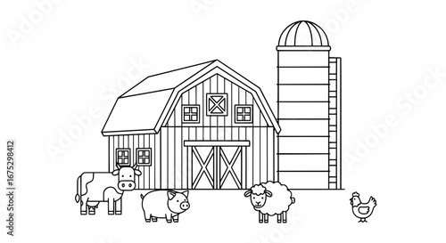 Farm scene with animals and barn with transparent background
