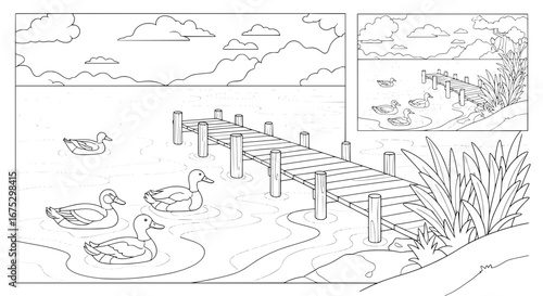Ducks swimming near a dock with transparent background