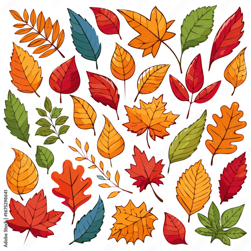Fototapeta premium Set of autumn leaves vector illustration. Multicolored branches clipart for design.