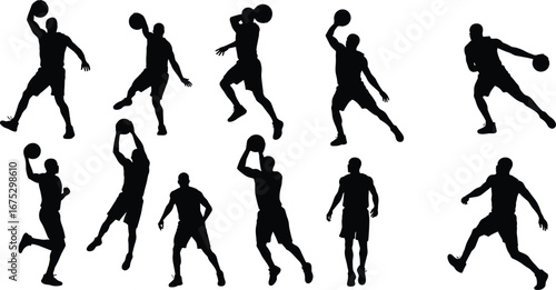 Basketball player silhouettes, slam dunk, dribbling, jump shot, sports training, athletic movement, fitness exercise, competition game, action vector illustration