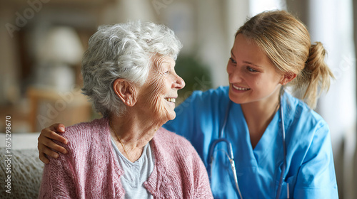 Nurse assisting elderly patient in home care setting, warm and caring atmosphere.