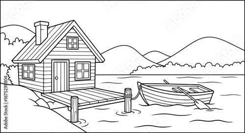 Rustic lakeside cabin with transparent background