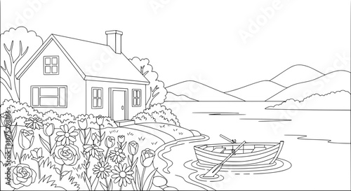 Scenic lakeside cabin with boat and surrounding nature