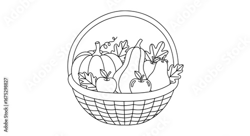 Pumpkin pear apple with leaves in basket with transparent background