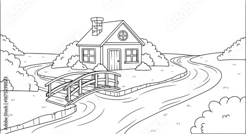 House surrounded by trees and winding road with transparent background