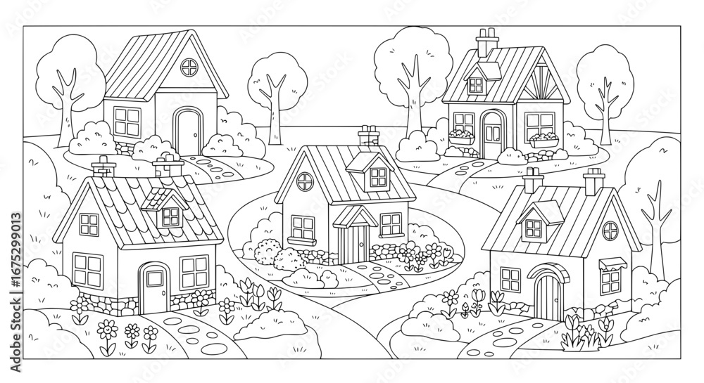 Naklejka premium Line art drawing of houses and trees with transparent background