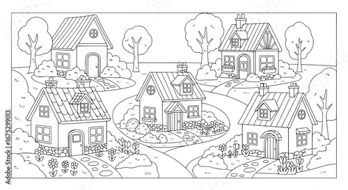Line art drawing of houses and trees with transparent background