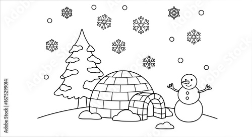 Winter scene with snowman and igloo with transparent background