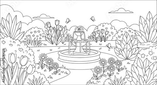 Park landscape with flowing fountain and flowers with transparent background