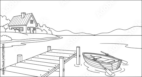 Landscape scene with dock and boat with transparent background