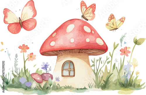 Whimsical watercolor illustration of a charming mushroom house with butterflies and wildflowers in a magical forest