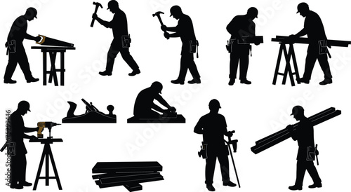 Carpenter silhouettes, construction worker, handyman, building tools, hammer, drill, saw, woodwork, tradesman, labor job, repair, industry, workshop vector
