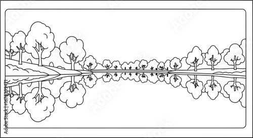 Scenic lakeside with trees and reflection with transparent background