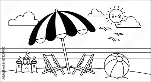 Beach scene with umbrella and lounge chairs with transparent background
