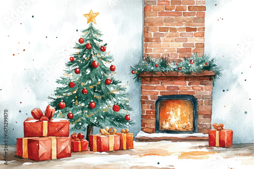 Watercolor Christmas tree and fireplace, cozy winter holiday decoration